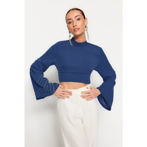 Trendyol Navy Blue Shiny Stone Flowy Crepe Blouse