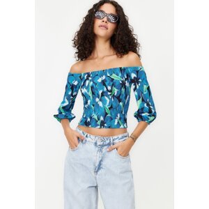 Trendyol Indigo Gimped Carmen Collar Three Quarter Sleeve Crepe/Texture Knitted Blouse