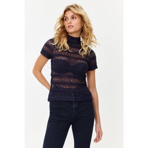 Trendyol Navy Blue Lace Regular/Normal Pattern High Collar Knitted Blouse