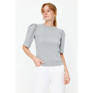 Trendyol Gray Melange Balloon Sleeve Crew Neck Ribbed Stretchy Knitted Blouse