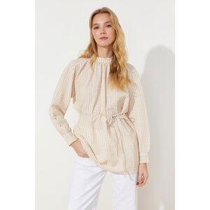 Trendyol Beige Belted Woven Seeerproof Plaid Tunic