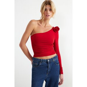 Trendyol Red Rose Detailed Asymmetrical Collar Fitted Flexible Knitted Blouse