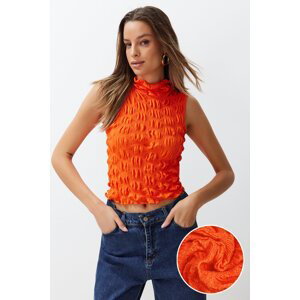 Trendyol Orange High Neck Fitted Crop Textured Stretch Knitted Blouse