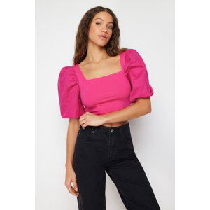 Trendyol Fuchsia Square Neck Poplin Balloon Sleeve Stretch Knitted Blouse