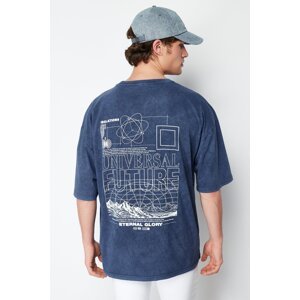 Trendyol Indigo Oversize/Wide Cut Faded Effect Text Printed 100% Cotton T-Shirt