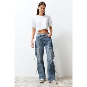 Trendyol Blue High Waist Skater Jeans with Cargo Pocket