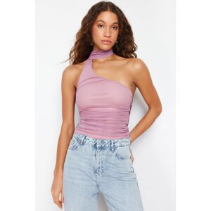 Trendyol Pink Halter Neck Gathered Lined Tulle Knitted Blouse