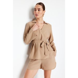 Trendyol Mink V Neck Double Breasted Tie Detailed Woven Blouse