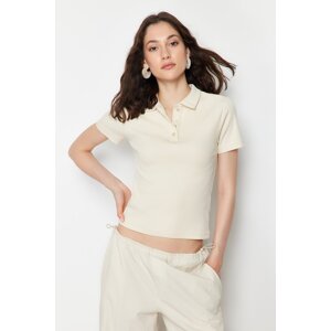 Trendyol Beige Polo Neck Buttoned Short Sleeve Stretchy Ribbed Knitted Blouse