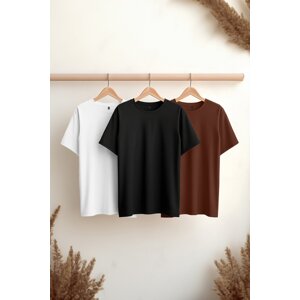 Trendyol Black-Brown-White Basic Slim Fit 100% Cotton 3-Pack T-Shirt