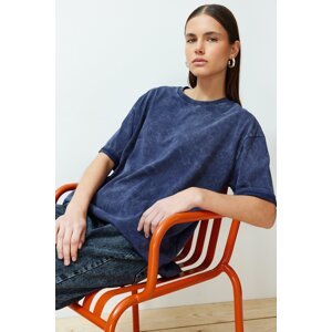 Trendyol Navy Blue Faded Effect 100% Cotton Premium Oversize/Wide Knit T-Shirt