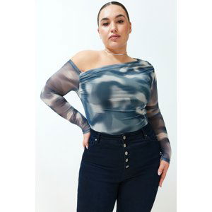 Trendyol Curve Indigo Tulle Lined Asymmetric Collar Knitted Blouse