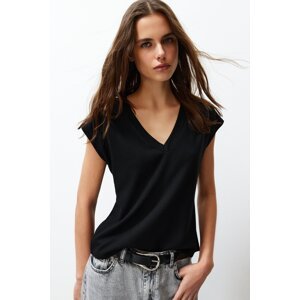 Trendyol Black Viscose/Soft Fabric Fitted/Situated Moon Sleeve V Neck Stretch Knitted Blouse