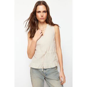 Trendyol Stone Woven V-Neck Tie Blouse