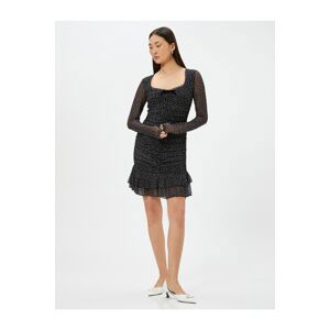 Koton Polka Dot Dress Draped Frilly Long Sleeve Square Neck Ribbed Bow Detailed