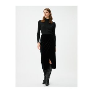 Koton Midi Velvet Skirt Front Slit Draped