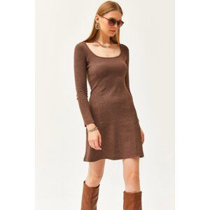 Olalook Women's Bitter Brown Pool Neck Pieced Mini Flared Dress