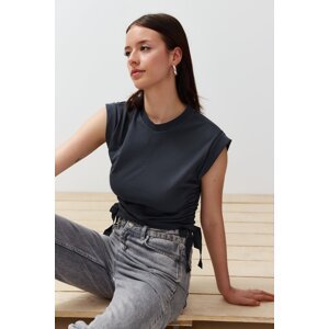 Trendyol Anthracite 100% Cotton Gathered Detail Crop Bat Sleeve Knitted T-Shirt