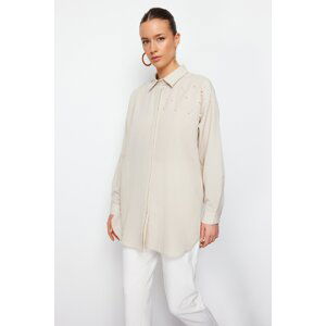 Trendyol Stone Pearl Detailed Cotton Woven Shirt