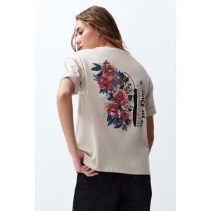 Trendyol Stone Back Printed Relaxed Short Sleeve Knitted T-Shirt