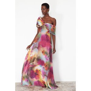 Trendyol Multi-Colored A-Line Woven Lining Asymmetrical Neckline Chiffon Long Evening Evening Dress