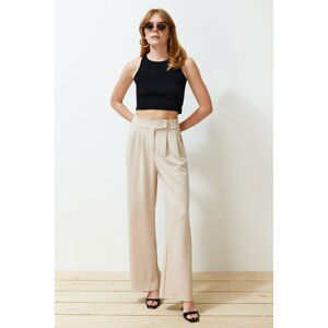 Trendyol Stone Hook and Loop Closure High Waist Pleated Wide Leg/Wide Cut Knitted Trousers