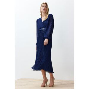 Trendyol Navy Blue Belted A-Line Pleated Maxi Lined Chiffon Woven Dress