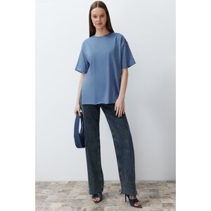 Trendyol Indigo 100% Cotton Double Sleeve Asymmetrical Boyfriend Knitted T-Shirt