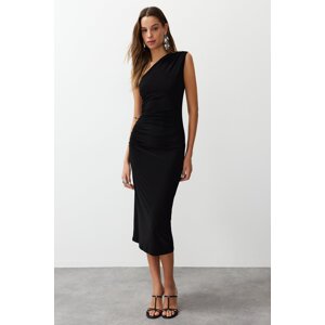 Trendyol Black One Shoulder Draped Fitted Flexible Knitted Midi Pencil Dress