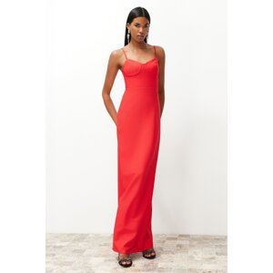 Trendyol Red Chest Detailed Fitted Long Evening Dress