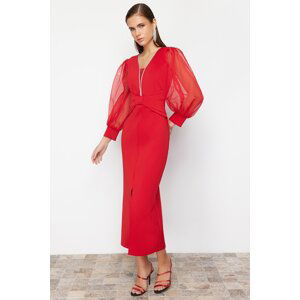 Trendyol Red Tulle Sleeve Detail Woven Long Evening Dress
