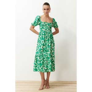 Trendyol Green Floral Skater Gown Neck Detailed Shally Midi Woven Dress