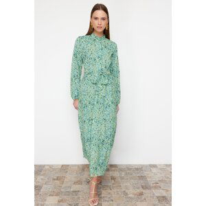 Trendyol Emerald Green Patterned Belted Stand Collar Lined Chiffon Woven Dress