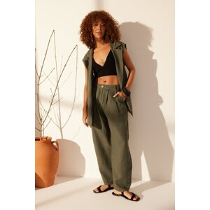 Trendyol Green 100% Linen High Waist Barrel Trousers