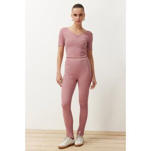 Trendyol Dried Rose V-neck Gather Detailed Ribbed Stretch Knitted Blouse and Trousers Bottom-Top Set