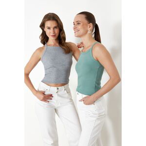 Trendyol Grey-Mint 2-Pack Barbell Neck Body-fitting Ribbed Elastic Knit Undershirt