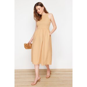 Trendyol Camel Waist Opening Fabric Mixed Midi Woven Dress