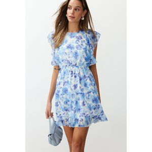 Trendyol Blue Floral Waist Opening Ruffle Mini Woven Dress