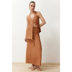 Trendyol Camel Lacing Belt Detailed Linen Look Maxi Woven Skirt