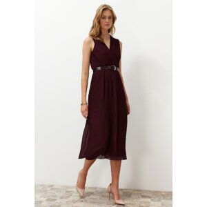 Trendyol Plum Pleated Double Breasted Collar Chiffon Lined Midi Woven Dress