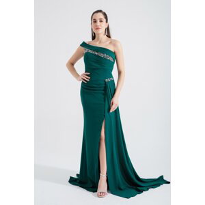 Lafaba Women's Emerald Green Boat Neck Jewelled Long Evening Dress