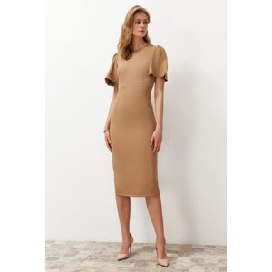 Trendyol Mink A-Line Midi Pencil Skirt Woven Dress with Pleat Detail on the Sleeve
