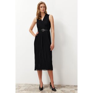 Trendyol Black Pleated Double Breasted Collar Chiffon Lined Midi Woven Dress