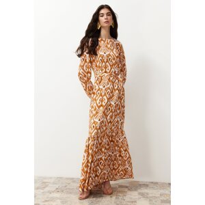 Trendyol Mustard Shawl Patterned Belted Viscose Woven Dress