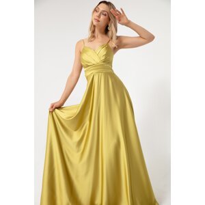 Lafaba Women's Oil Green Satin Long Evening Dress &; Prom Dress with Thread Straps and Waist Belt