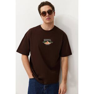 Trendyol Brown Men's Oversize/Wide Cut Landscape Embroidered 100% Cotton T-Shirt
