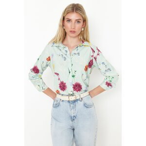 Trendyol Mint Flower Patterned Regular Fit Woven Shirt