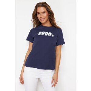Trendyol Navy Blue 100% Cotton Printed Regular/Regular Fit Crew Neck Knitted T-Shirt