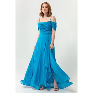 Lafaba Women's Blue Long Evening Dress with Thread Straps and Stone Detail.