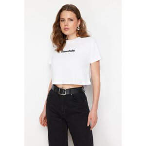 Trendyol White 100% Cotton Slogan Printed Regular Crop Knitted T-Shirt